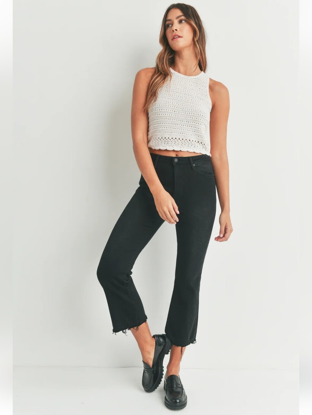 Just Black Frayed Crop Flare Cropped Stretchy Solid Black Denim Jeans Size 26